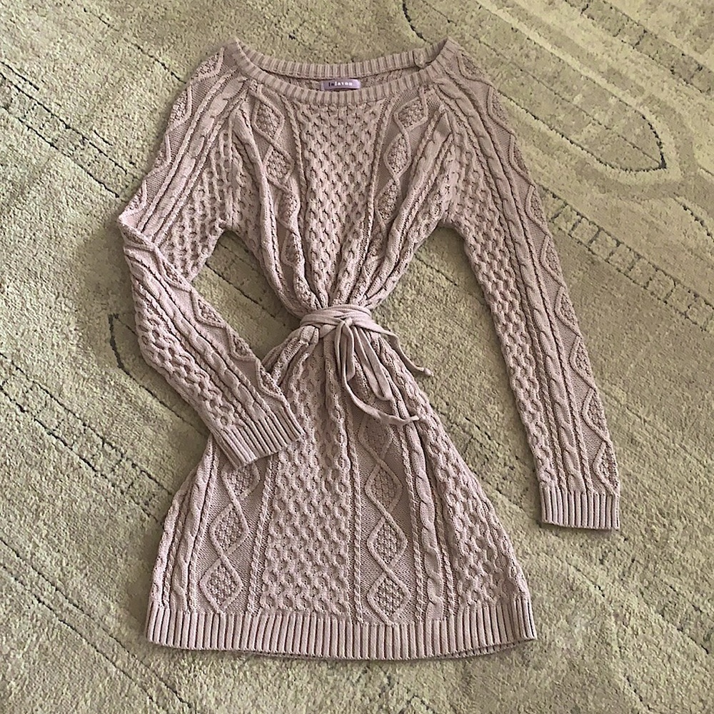 Cable knit off the shoulder dress in blush